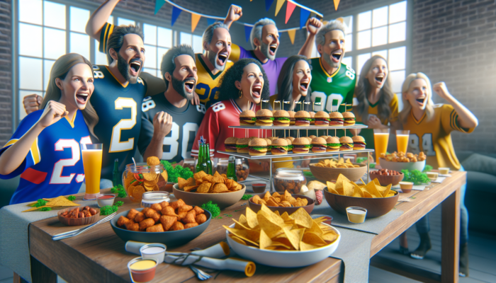 A vibrant buffet table with sliders, nachos, wings, and excited guests in team jerseys celebrating.