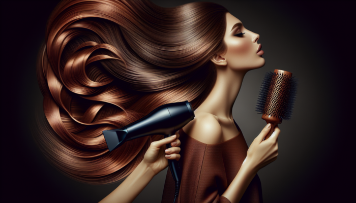 Woman blow-drying medium length hair with round brush, achieving salon-fresh volume and shine.