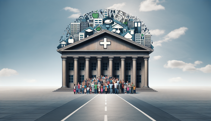 Diverse low-income families in front of building with housing, food, healthcare icons.