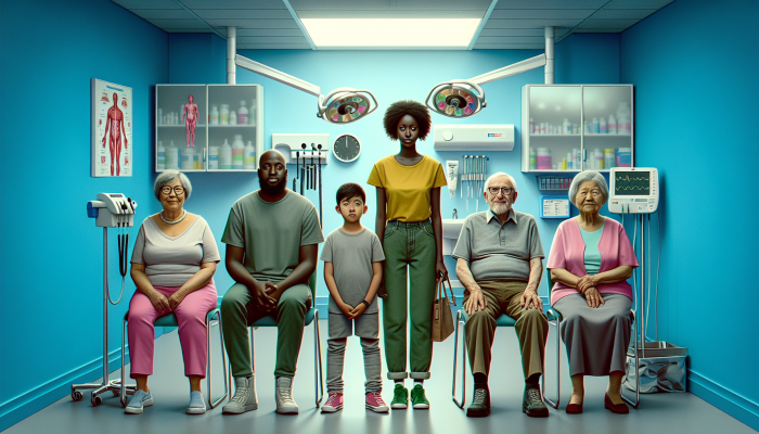 Diverse low-income group receiving subsidized healthcare, dental, and optical services in a modern NHS clinic.