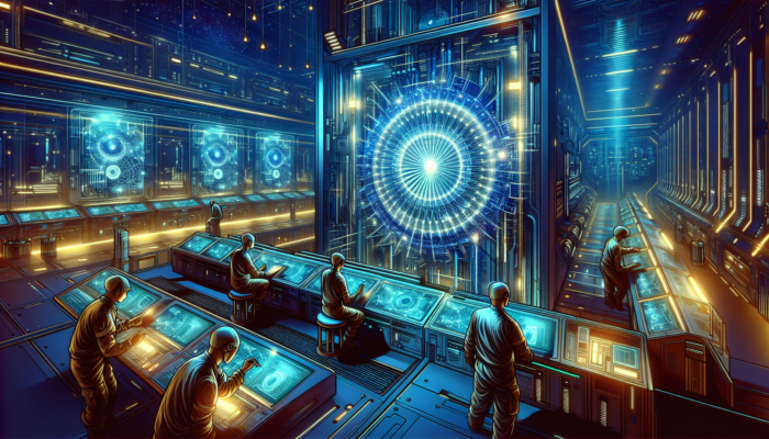 Futuristic control room with technicians assembling glowing RYS Drive Stack amid holographic displays.