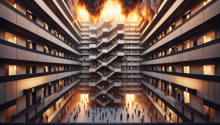 Residents escaping a high-rise fire using fire-resistant stairwells, with elevators out of service.