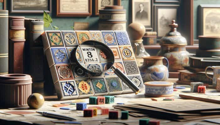 Close-up of Minton tiles with various backstamps and physical traits, magnifying glass on authenticity marks, in a collector's study.
