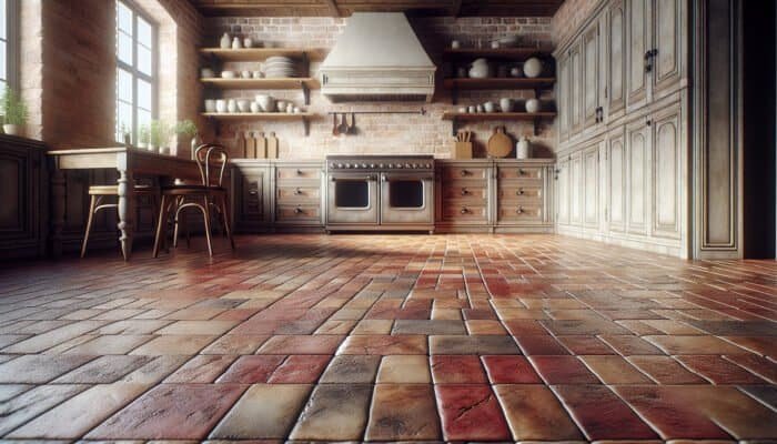 Durable, unglazed quarry tiles in red and brown hues on a rustic kitchen floor, slip-resistant and timeless.