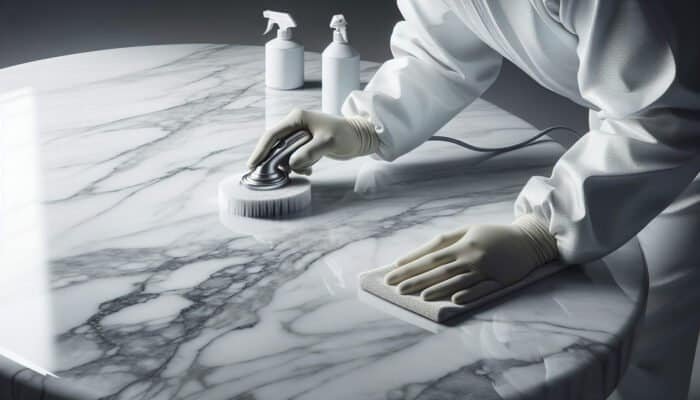 Expert cleaning Carrara marble countertop, preserving its grey veining and elegance.