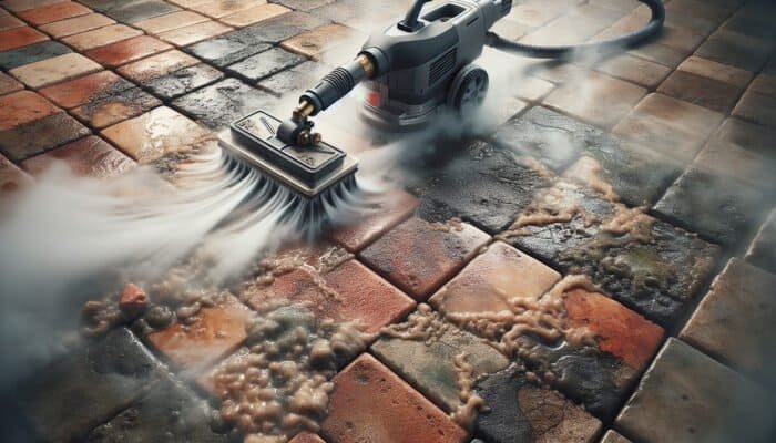 High-pressure steam cleaner removing dirt from quarry tiles, revealing their natural colours and textures.
