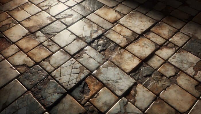 Worn quarry tiles showcasing dullness, discoloration, cracks, and stains attributed to steam cleaning on an old kitchen floor.