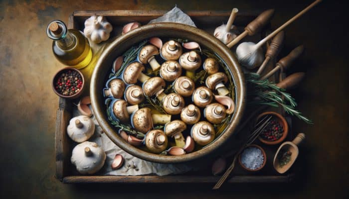 Marinated mushrooms with olive oil, garlic, and herbs like thyme and rosemary, ready for smoking.