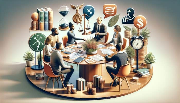 Diverse group receiving personalized debt advice from StepChange and Citizens Advice in a supportive UK charity setting.