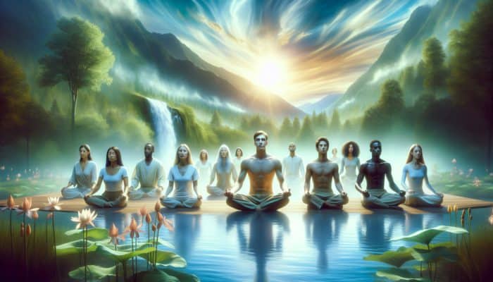 A serene landscape with vibrant adaptogenic plants like ashwagandha and ginseng, people looking revitalized and fatigue-free under a glowing sky.