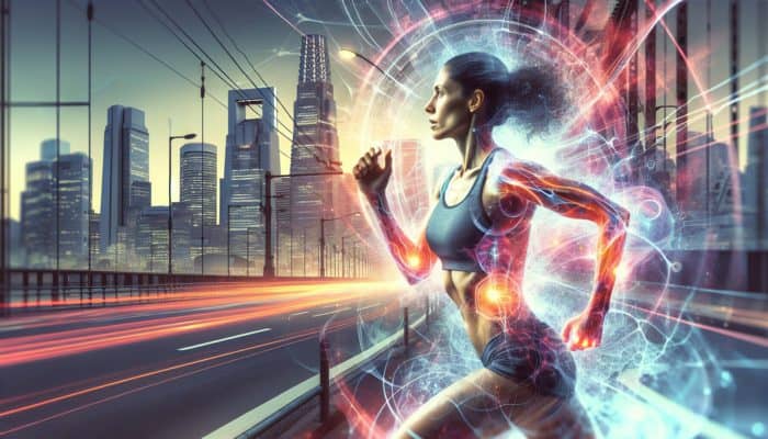 Athlete running Tokyo marathon, energized by adaptogens, vibrant energy flow, enhanced stamina, reduced fatigue.