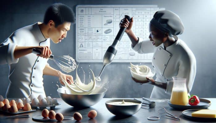 Chef whisking egg whites into soft peaks and blending purée into aerated foam.