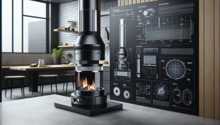 Modern chimney starter with quick-ignition and removable ash catcher, compactly stored in outdoor kitchen.