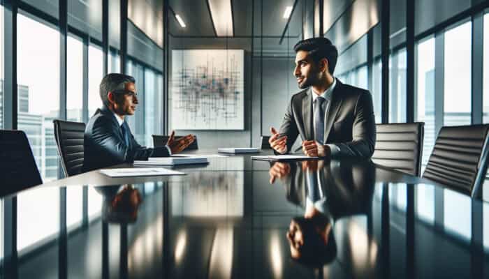 A professional confidently negotiating contract terms at a modern conference table in a bright office.