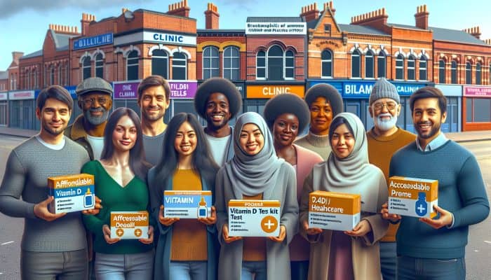 Diverse Birmingham residents with affordable vitamin D test kits in front of clinics offering competitive pricing.
