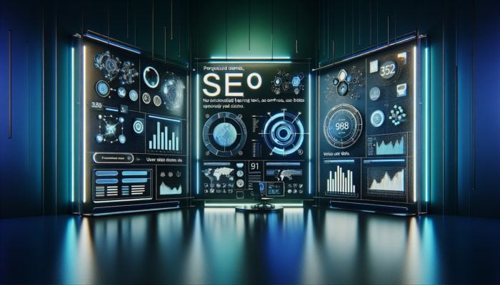 A futuristic SEO dashboard showcasing personalized search results, vibrant graphs, and neon blue and green accents.