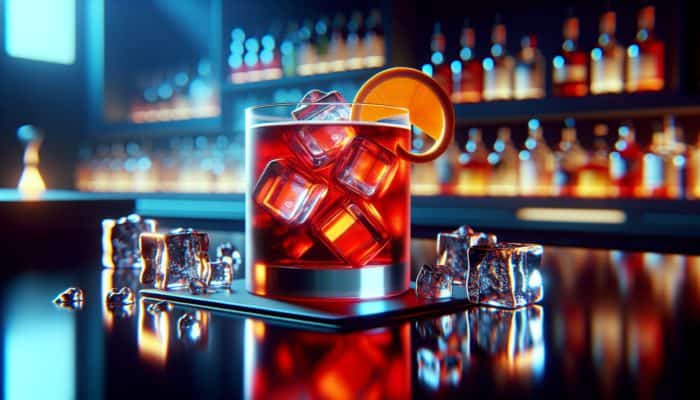 Ruby-red Negroni with orange peel garnish, served over ice at Hard Shake Waldorf Astoria.