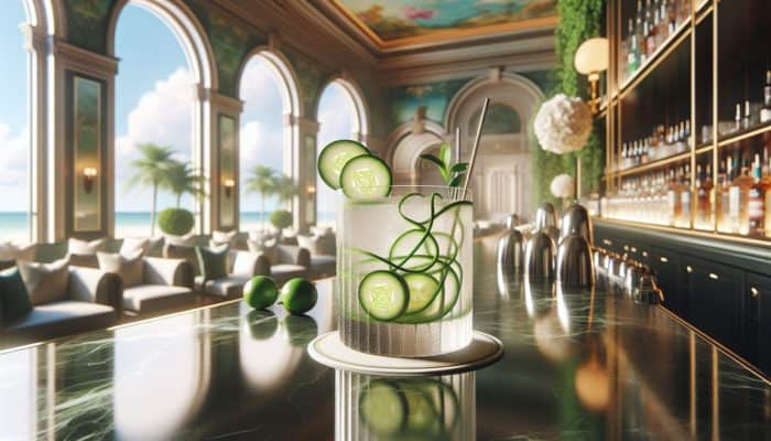 Chilled Cucumber Gimlet with muddled cucumber and lime, garnished with a cucumber ribbon at Waldorf Astoria.