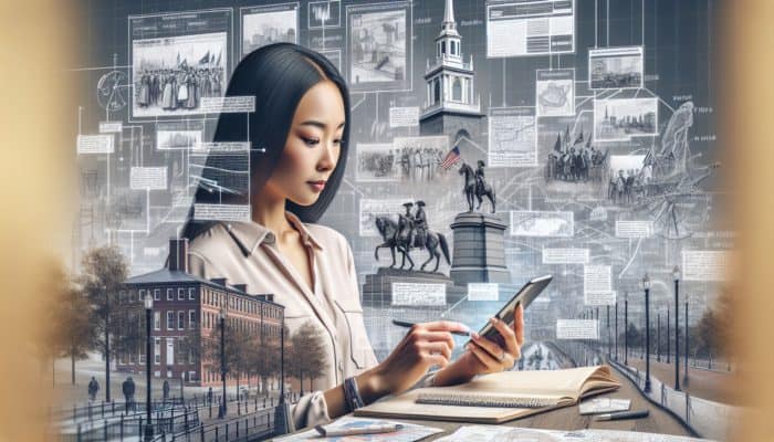 Person using smartphone app to explore Boston's Freedom Trail, immersing in local history.