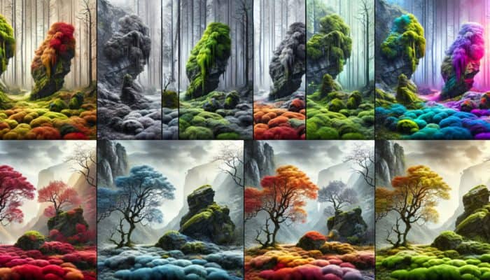 A mystical forest showcasing varied moss growth patterns on trees and rocks due to differing humidity and light exposure.