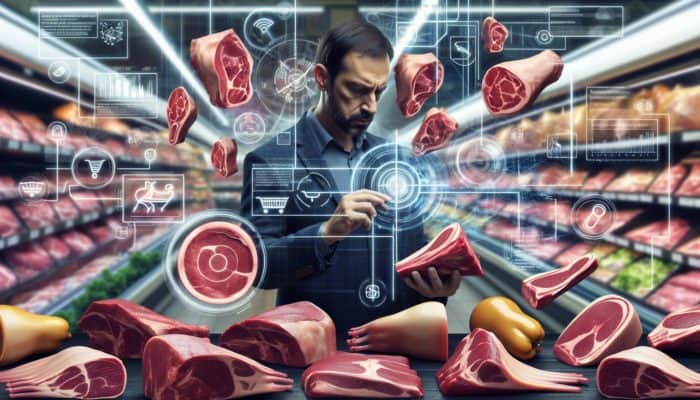 A shopper comparing meat cuts and prices in a supermarket, with budget charts and expert tips on screens.