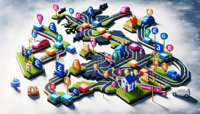 A UK map showing various debt consolidation loan options with paths and signposts indicating unique benefits and tailored solutions.