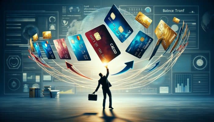 Person juggling credit cards, transferring balances to a new card with lower interest in an office.