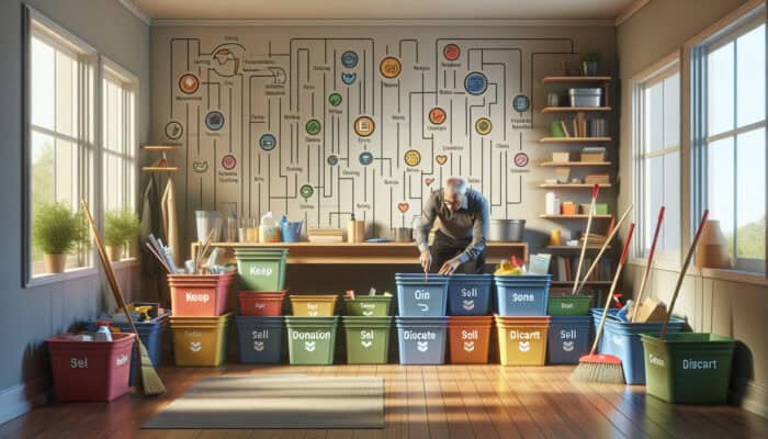 Person sorting items into labeled bins for budget house clearance, with cleaning supplies nearby.