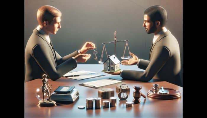 Person handing house key to bank representative with financial documents and property valuation report on desk.