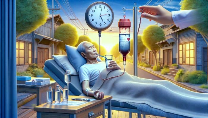 A person in a calm medical setting in Kidsgrove drinks water, preparing for a blood test with 8-12 hours of fasting.