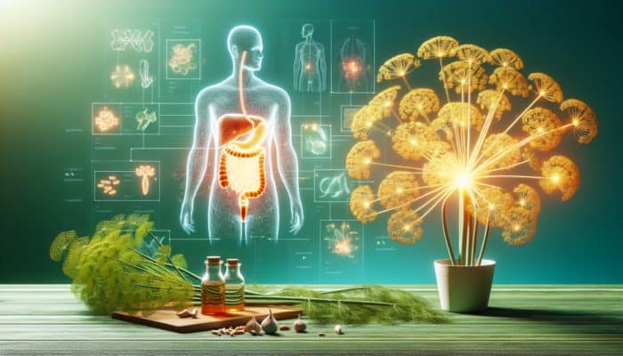 Illustration of dill plants with glowing oils and flavonoids aiding digestive system model on green background.