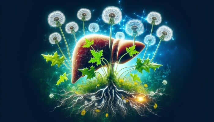 Illustration of milk thistle and dandelion plants intertwined, symbolizing liver health and detoxification.