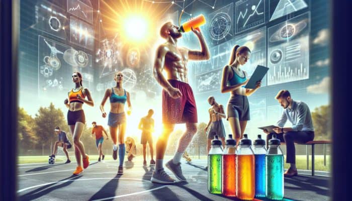 Athletes drinking electrolyte drinks in a park, experts analyzing hydration data under summer sun.