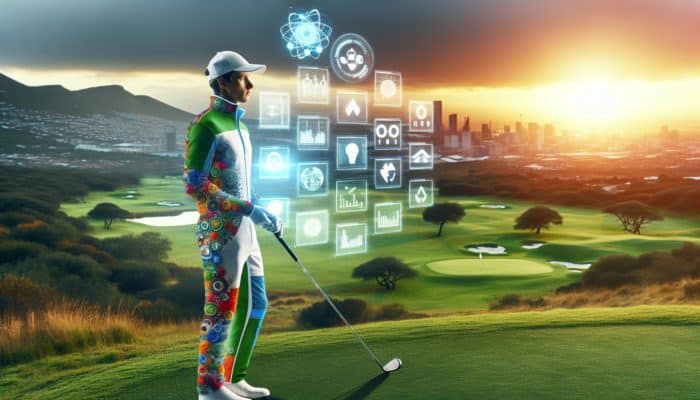 A South African golfer in 2030 wearing sustainable, personalised attire on an eco-friendly course during sunset.
