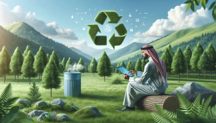 Person reading eco-friendly quotes on a tablet amidst lush greenery, symbolizing sustainable clearance services.