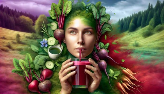 A person drinking beetroot juice and green tea amidst beets and tea leaves, focused in nature.