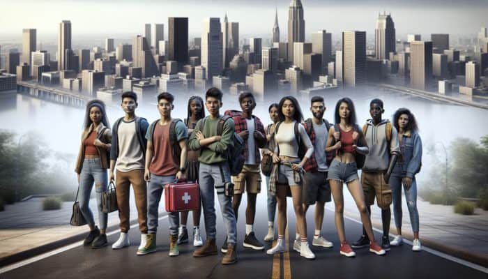 Diverse urban students using first aid kits and self-defense skills, symbolizing educational impact on survival preparedness.