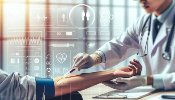 A healthcare professional drawing blood from a patient's arm in a clean, well-lit medical facility in Lincoln.