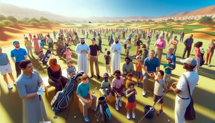 A vibrant community event at Germiston Golf Club with diverse groups playing golf, children learning, and a charity tournament under a sunny South African sky.