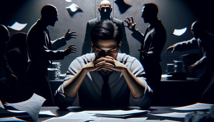 A distressed person surrounded by menacing debt collectors in a dark office, with looming shadows and legal documents.