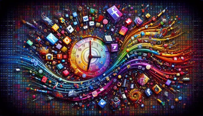 A vibrant digital clock with pop culture icons and social media symbols merging into a content calendar.