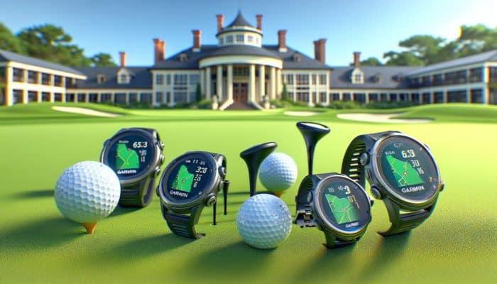 Garmin Approach series golf GPS watches on a green golf course, Royal Johannesburg & Kensington Golf Club's clubhouse in background.