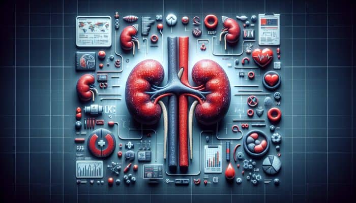 Illustration of kidney blood test analysis showing creatinine, BUN, and eGFR levels, indicating kidney function and health.