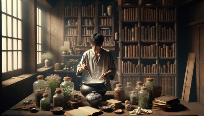 A person in a rustic kitchen mixing herbal ingredients into a cauldron, with jars and vintage books around, lit by natural light.