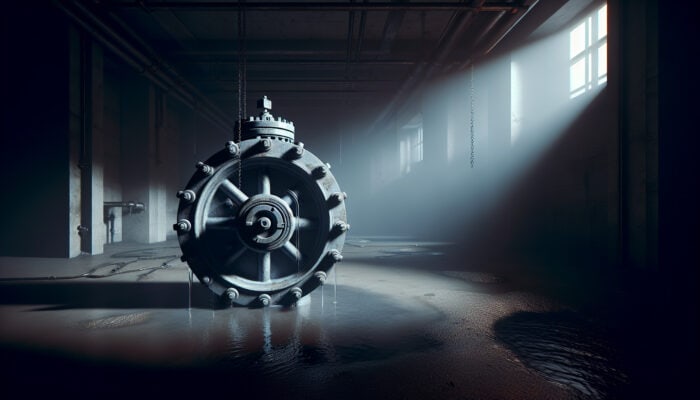 A neglected backwater valve in a dimly lit basement, surrounded by shadows and dripping water, symbolising hidden dangers.
