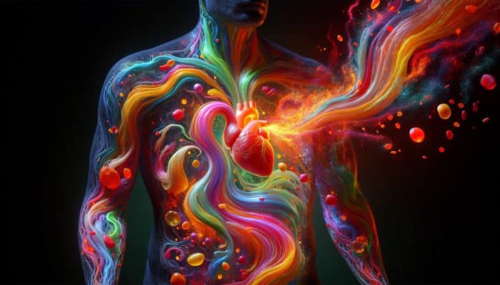 Colorful streams of omega-3s reducing inflammation in heart, joints, and pancreas within a human silhouette.
