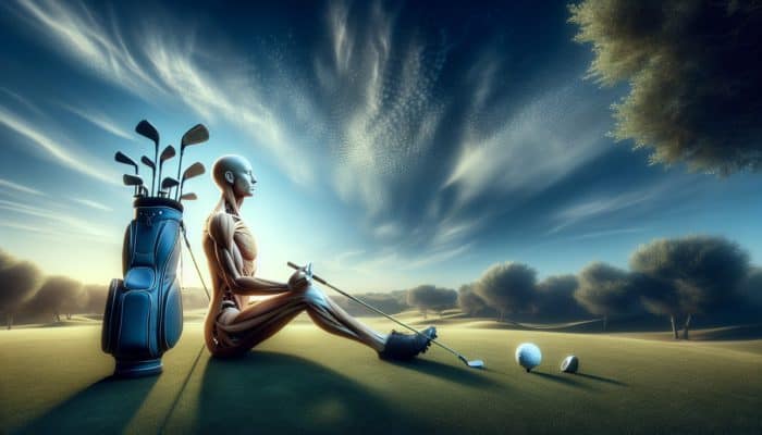 A South African golfer practicing mindfulness and breathing exercises on a serene golf course, with equipment adjustments, under a clear sky.