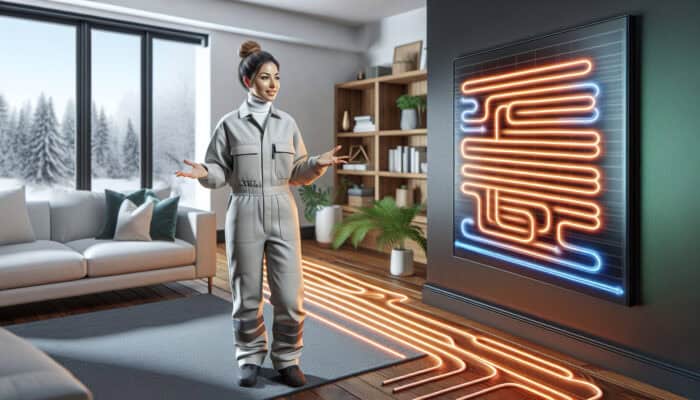 A modern living room featuring a hydronic radiant floor heating system, with a professional discussing its advantages in Langley.