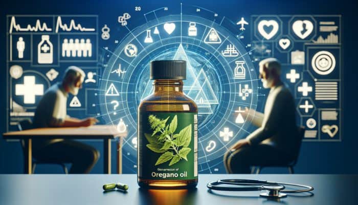 Bottle of oregano oil with caution symbols and medical icons, person consulting doctor in background.