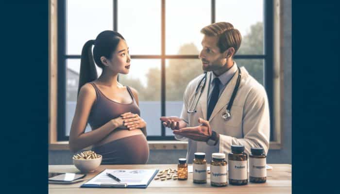 A pregnant athlete discussing safe supplement use with a healthcare provider.
